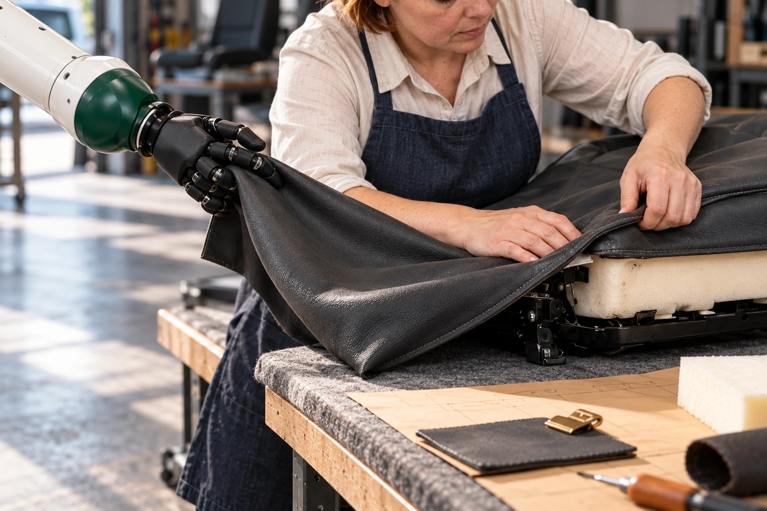 Muscle supports the loose leather tail at a broad padded contact while the trimmer uses both hands to position the near section around a supported seat cushion.
