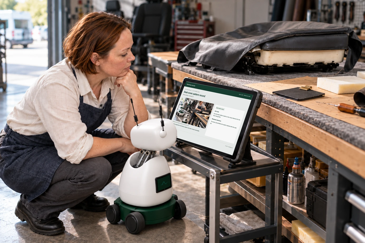 Worker and Mini consult a supported tablet/laptop: We find material specifications, colour references and the seat pattern record.