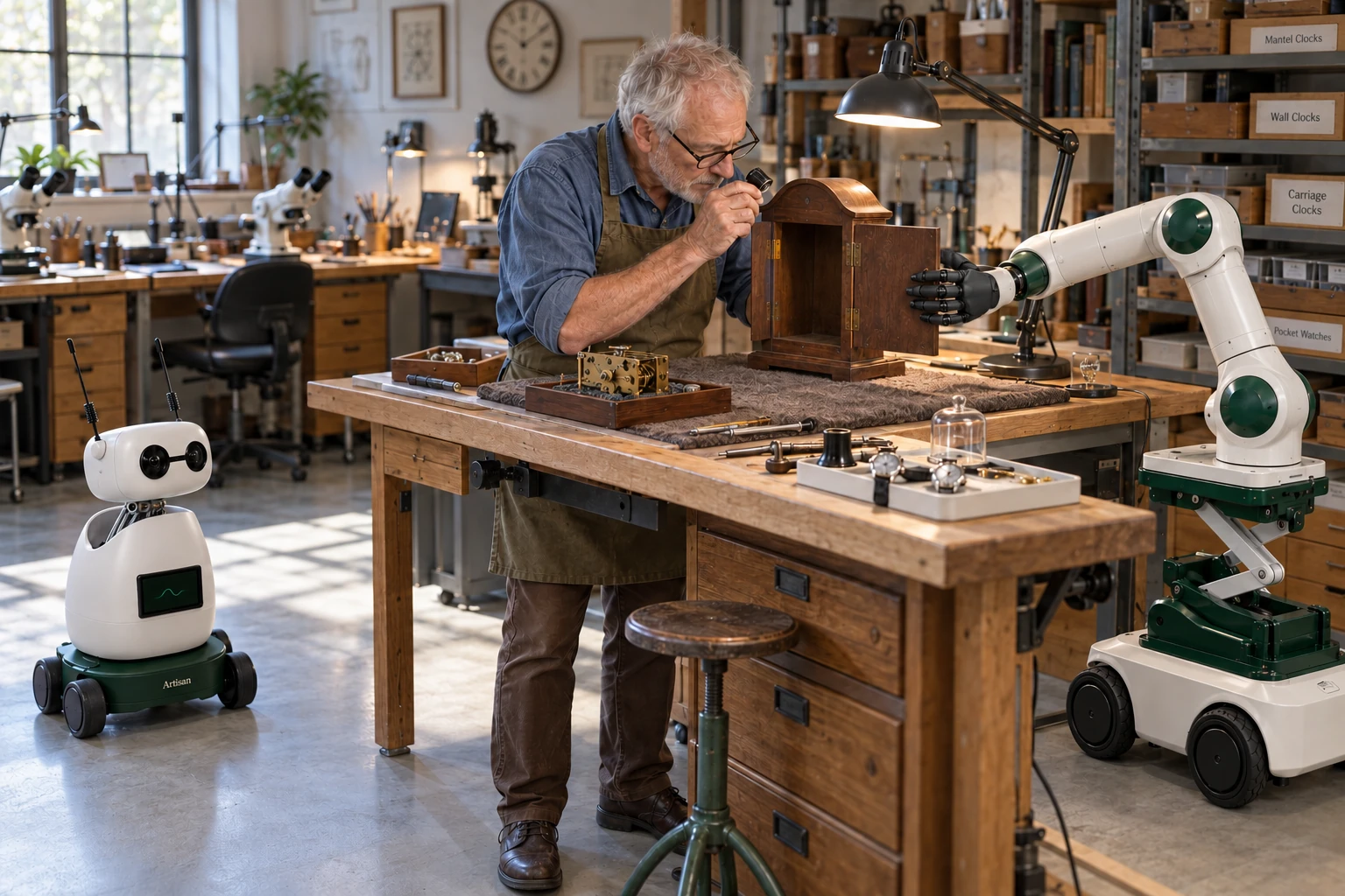 Muscle keeps the open wooden rear door of a mantel-clock case from swinging while the repairer examines the empty case and hinge. Mini watches beside the skilled worker.