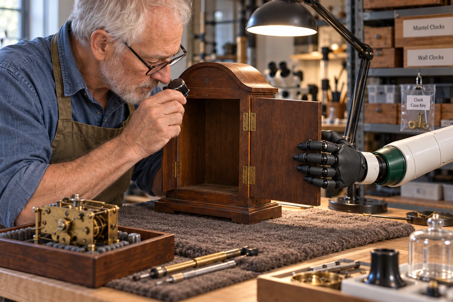 Muscle keeps the open wooden rear door of a mantel-clock case from swinging while the repairer examines the empty case and hinge.