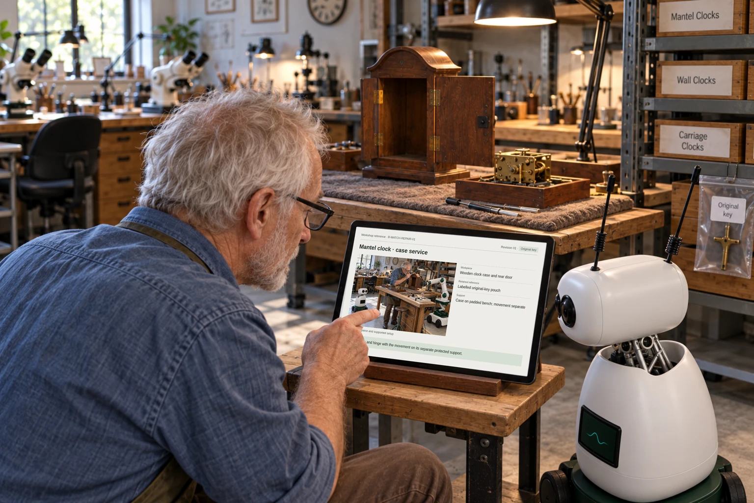 Worker and Mini consult the clock’s model reference and the customer’s case-service notes.