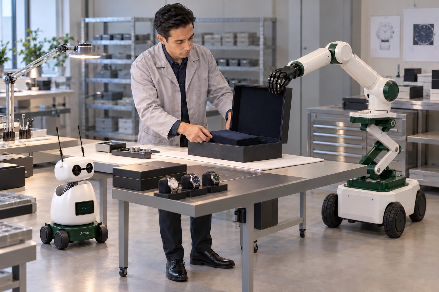 Muscle holds the broad lid of a presentation case open while the assembler seats its fabric-covered insert. Mini watches beside the skilled worker.