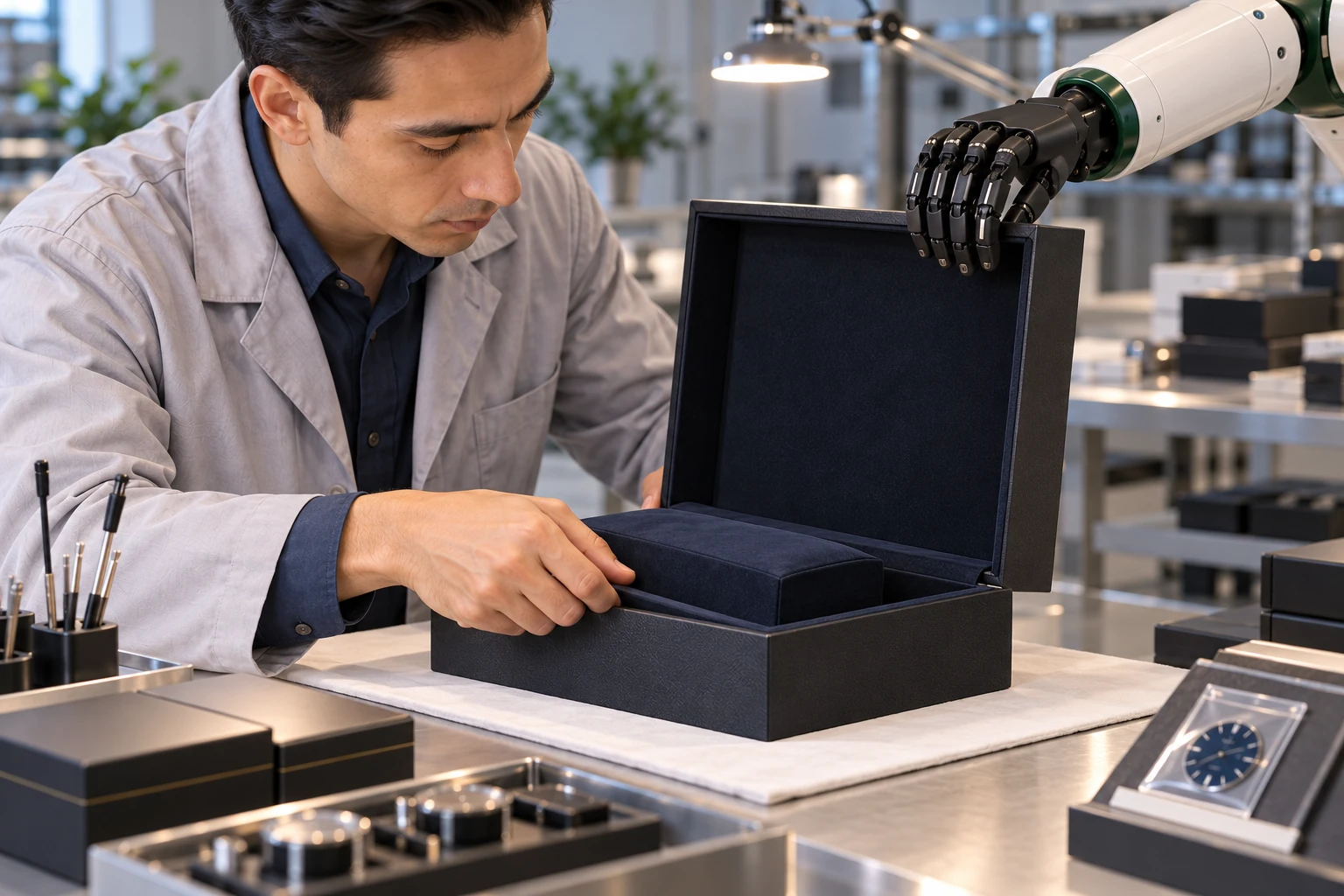 Muscle holds the broad lid of a presentation case open while the assembler seats its fabric-covered insert.
