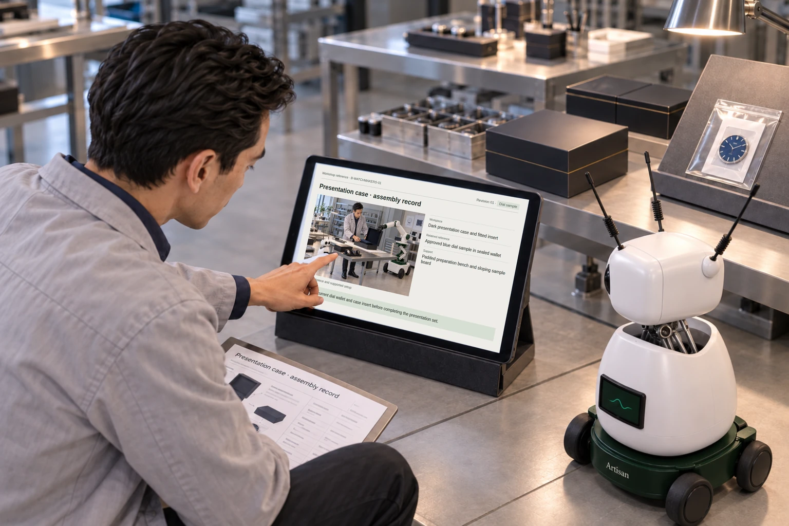 Worker and Mini consult the model’s presentation-case assembly sheet and component revision list.