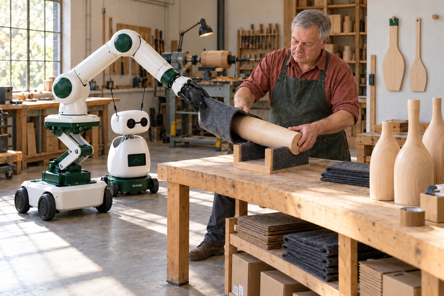 Muscle holds a soft protective sleeve open while the woodturner slides a cooled finished wooden lamp body into it on the packing bench. Mini watches beside the skilled worker.