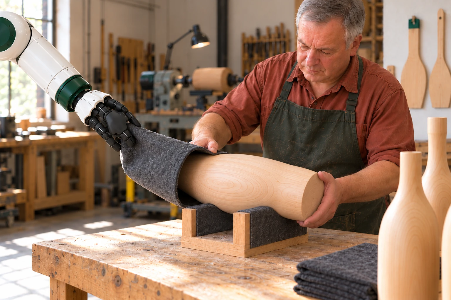 Muscle holds a soft protective sleeve open while the woodturner slides a cooled finished wooden lamp body into it on the packing bench.