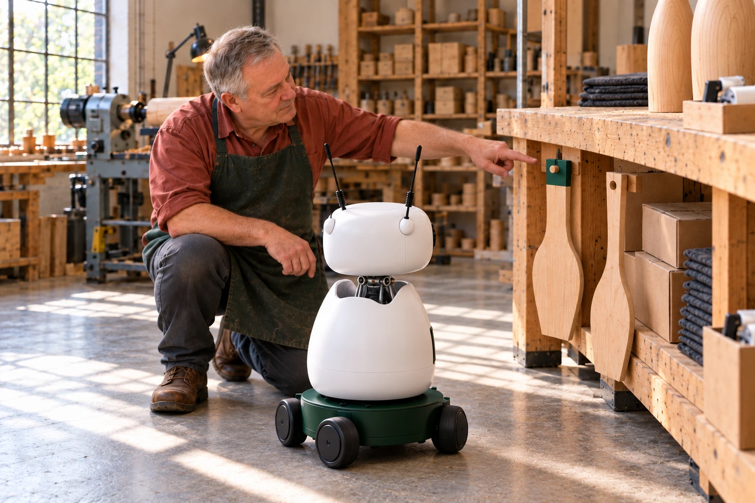 The woodturner shows Mini the green-marked profile template and explains that it stays with the matching lamp batch.