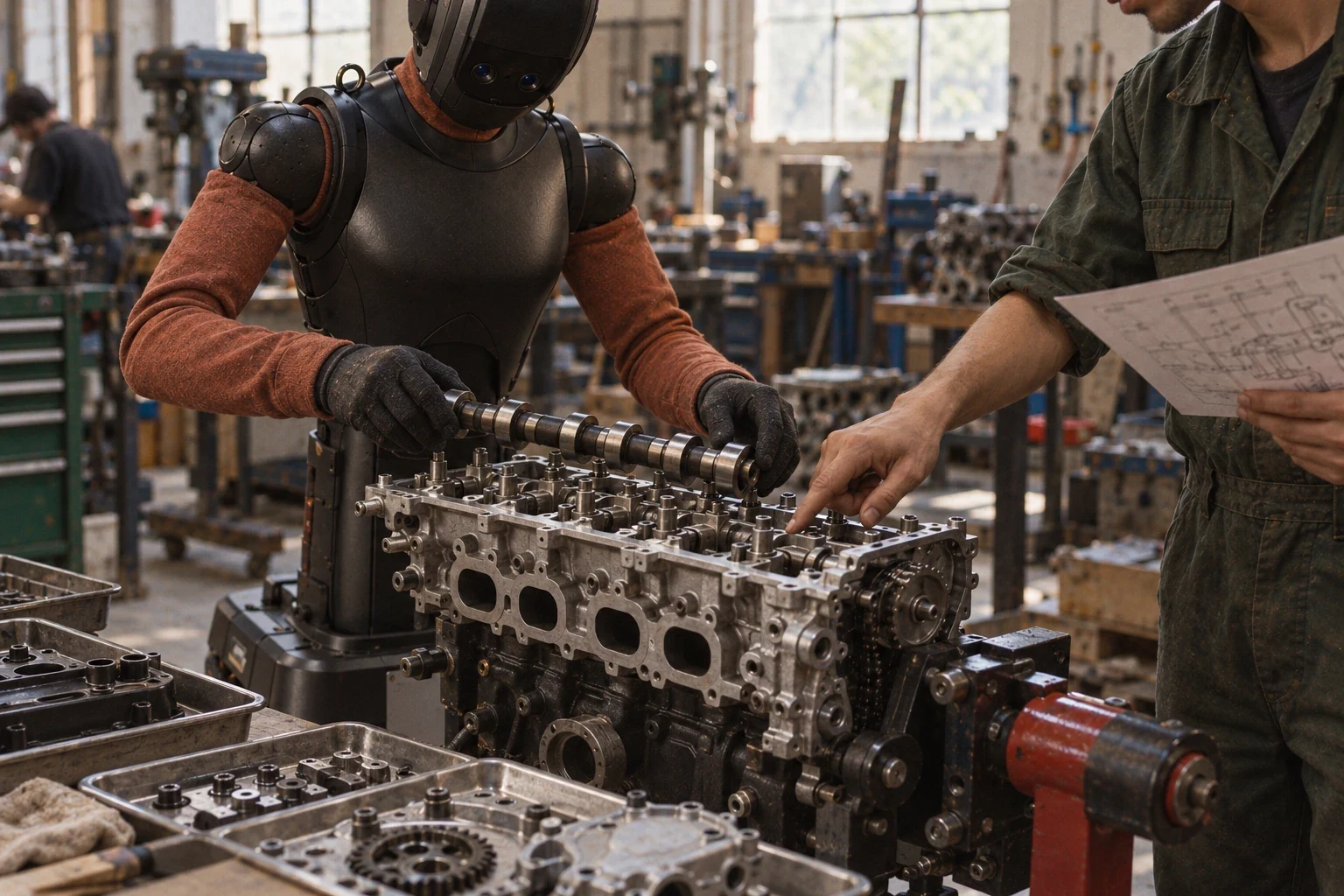 A robot and a young mechanic reassembling an engine with components arranged on the bench
