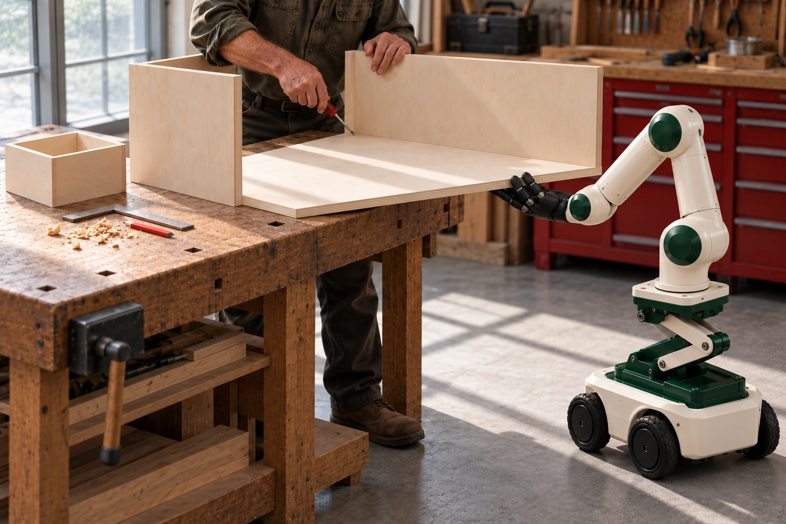 A craftsperson adjusts a timber workpiece while Artisan’s robotic hand supports it on the bench.
