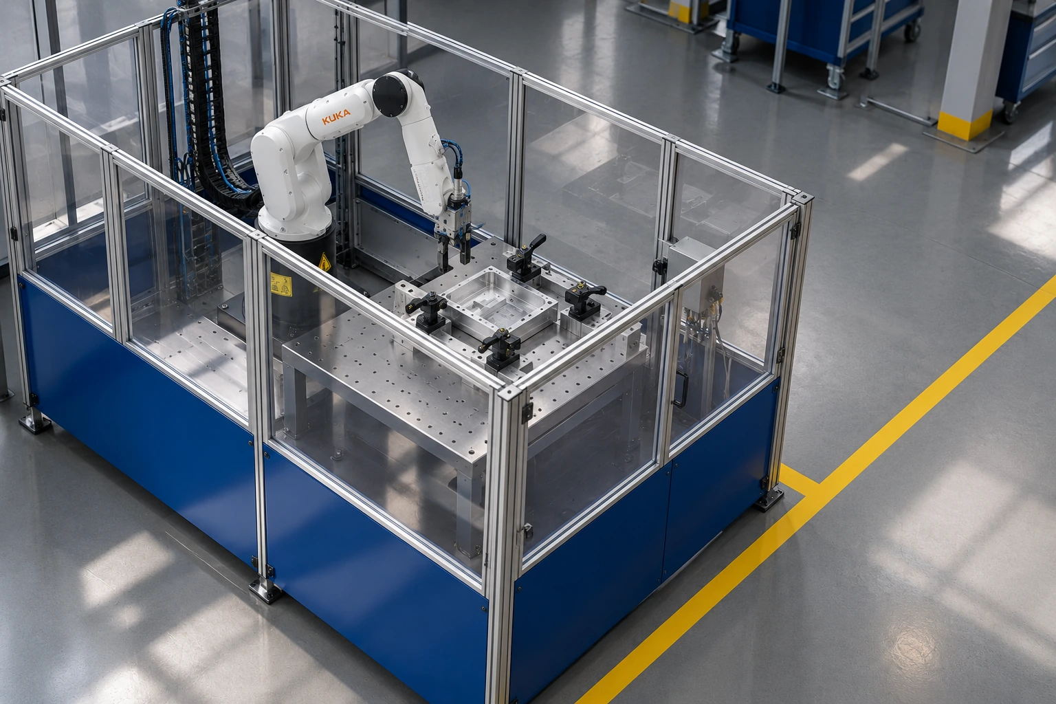 A stationary industrial robot stands inside a fenced workcell with fixtures, cable runs and marked floor space.