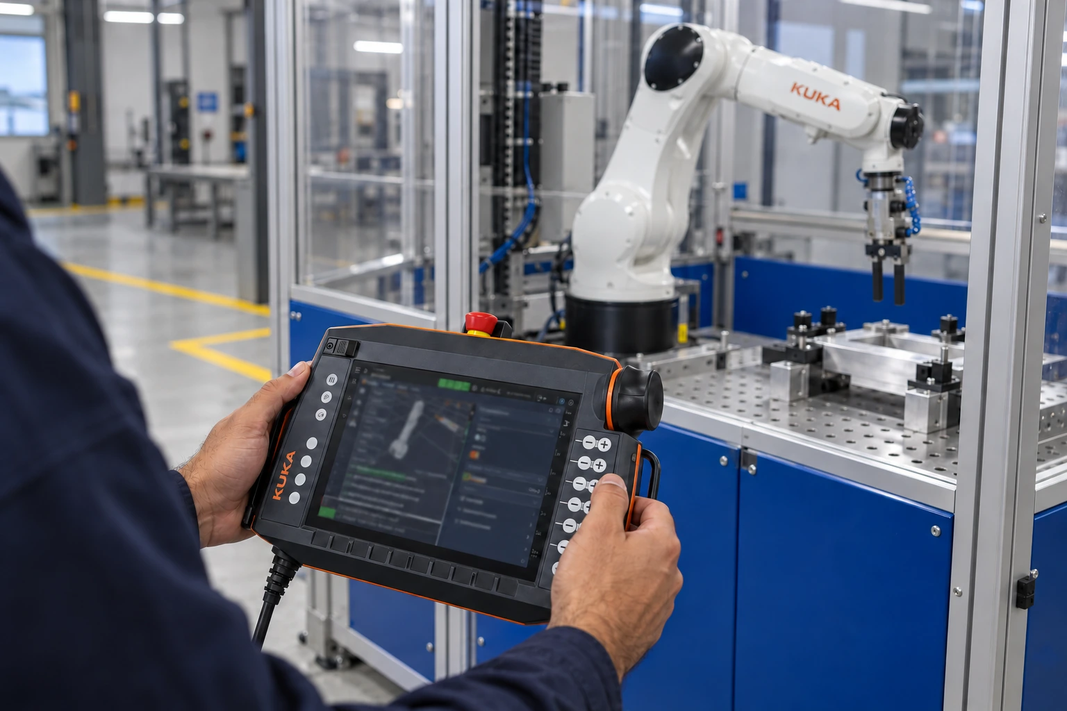 A specialist uses a robot pendant beside a fixture inside the workcell.