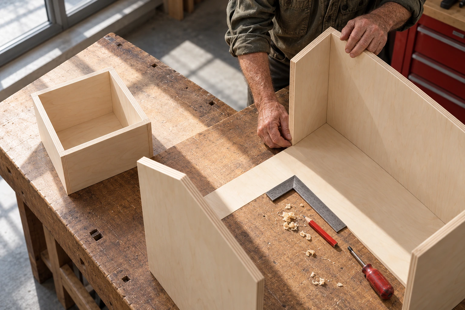 A craftsperson compares timber joinery pieces with different dimensions on a woodworking bench.