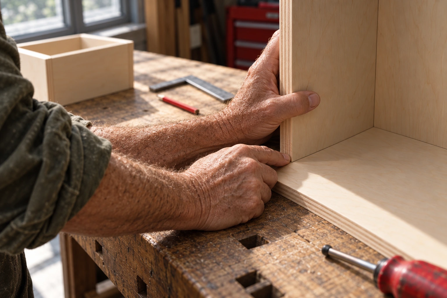 A workshop hand checks how a changed timber part fits against its matching piece on the bench.