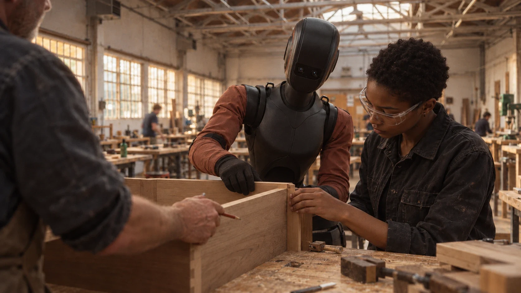 An expert and a young craftsperson guiding a robot at a cabinetmaking bench