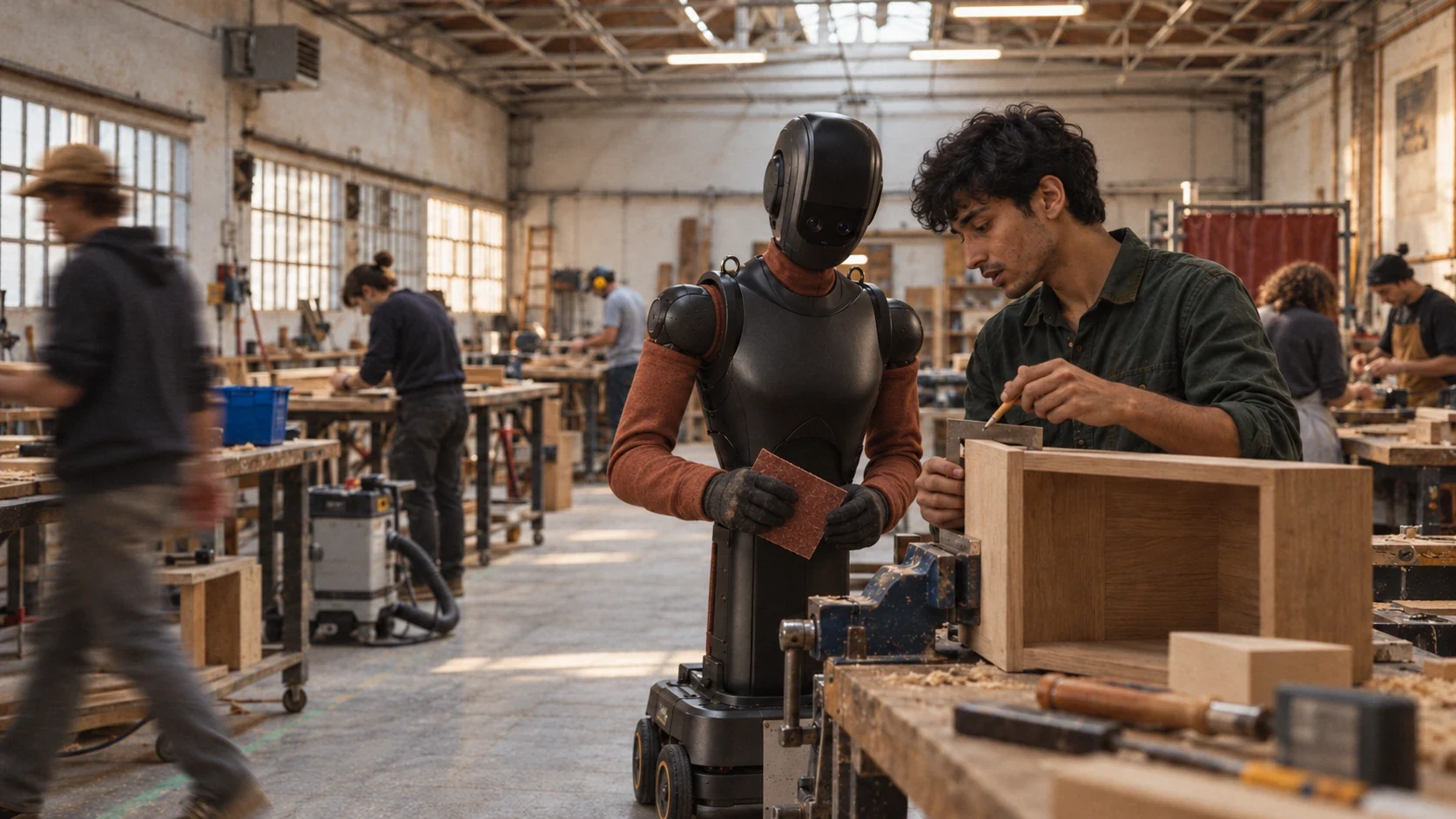 A young craftsperson reviewing a robot’s chair joint, with craftspeople working at benches throughout the workshop
