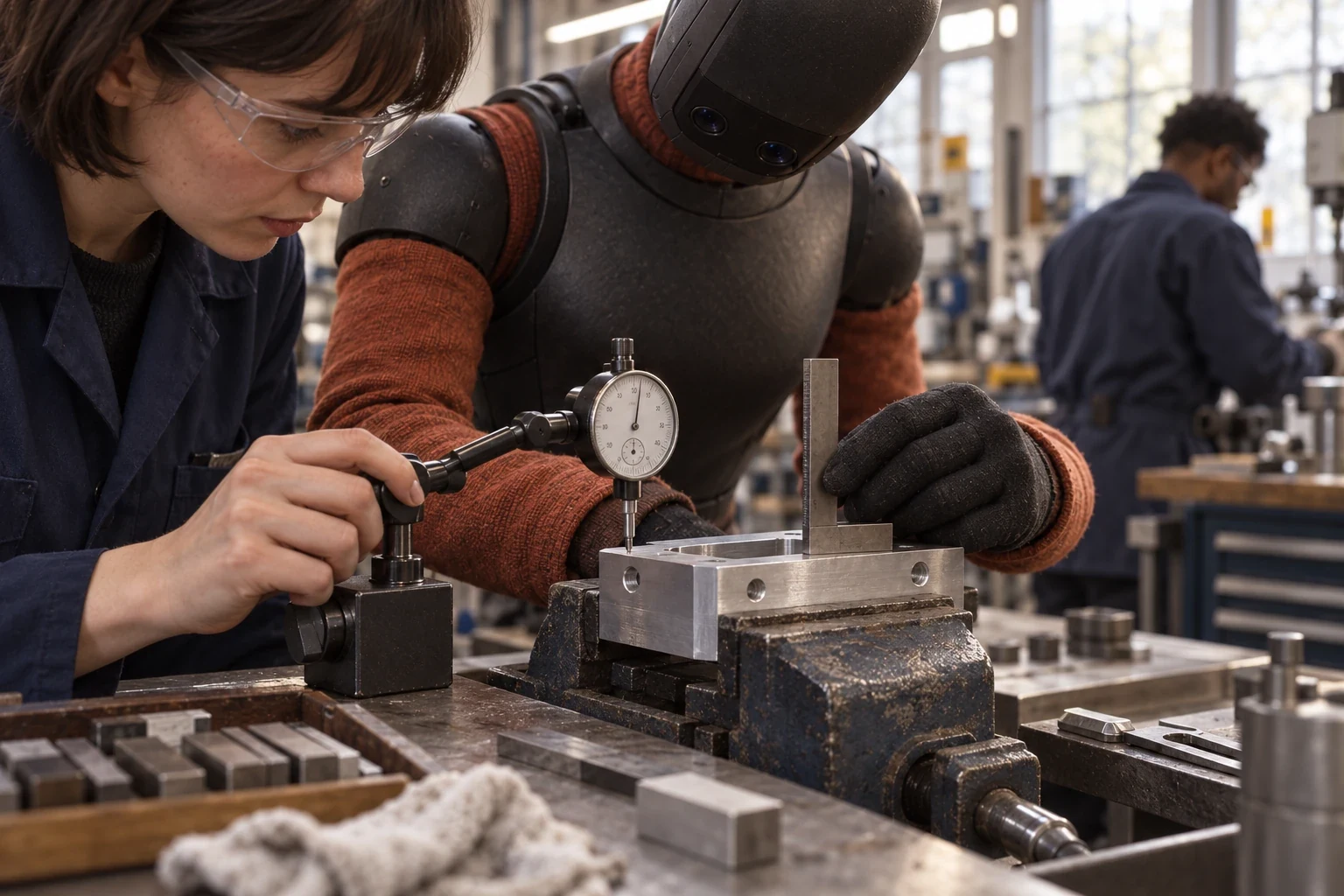 A skilled team inspecting an assembly with a robot