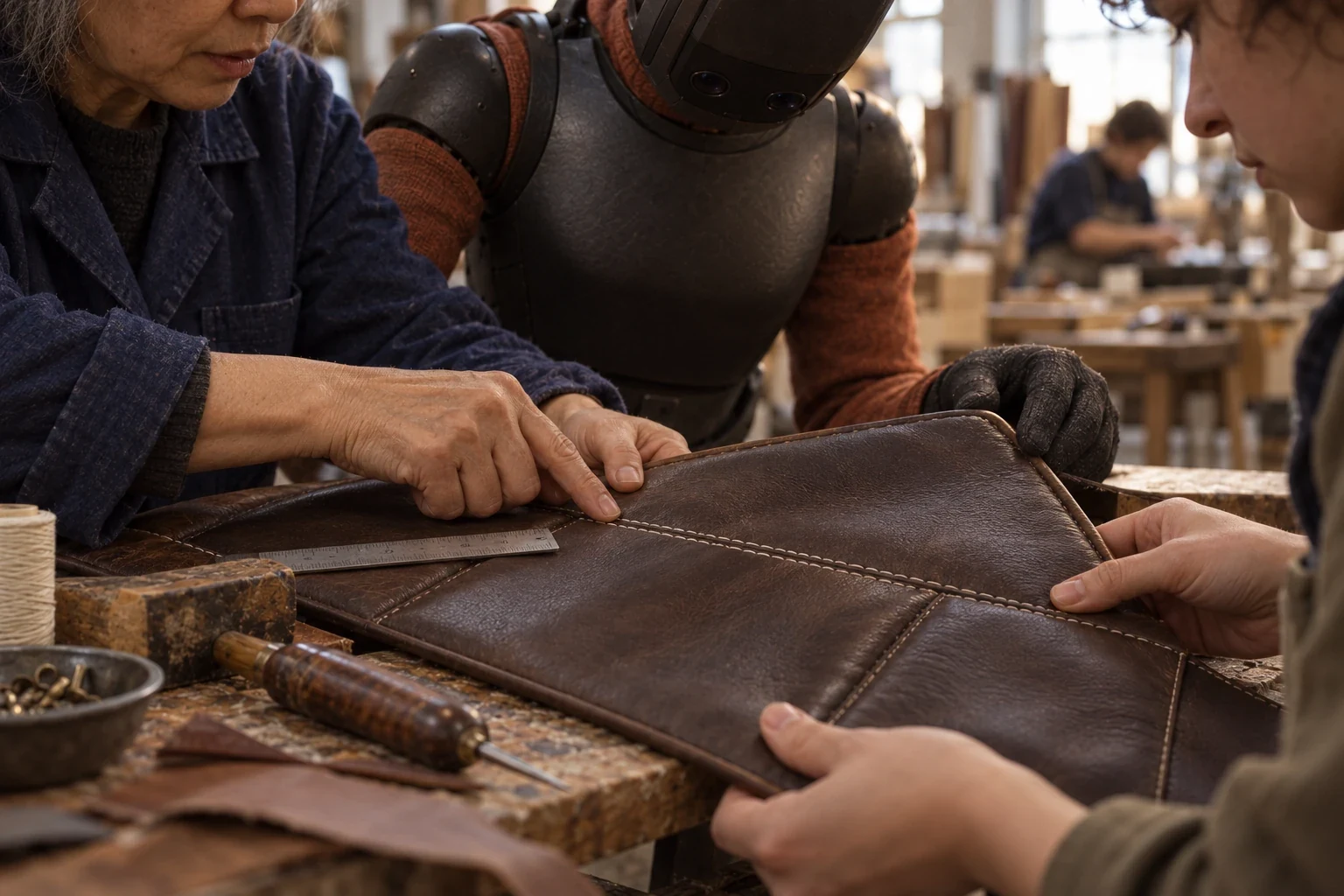 An expert reviewing a leather seam with a colleague