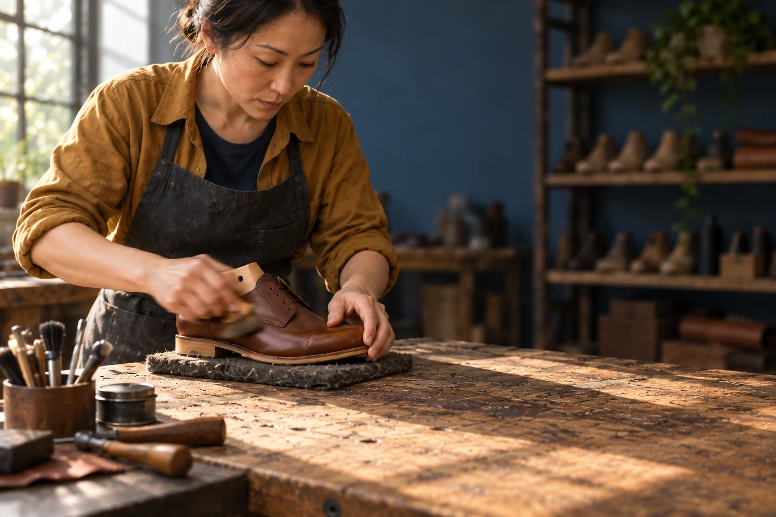 A shoemaker brushes a leather shoe at her bench, her hand moving through the light.