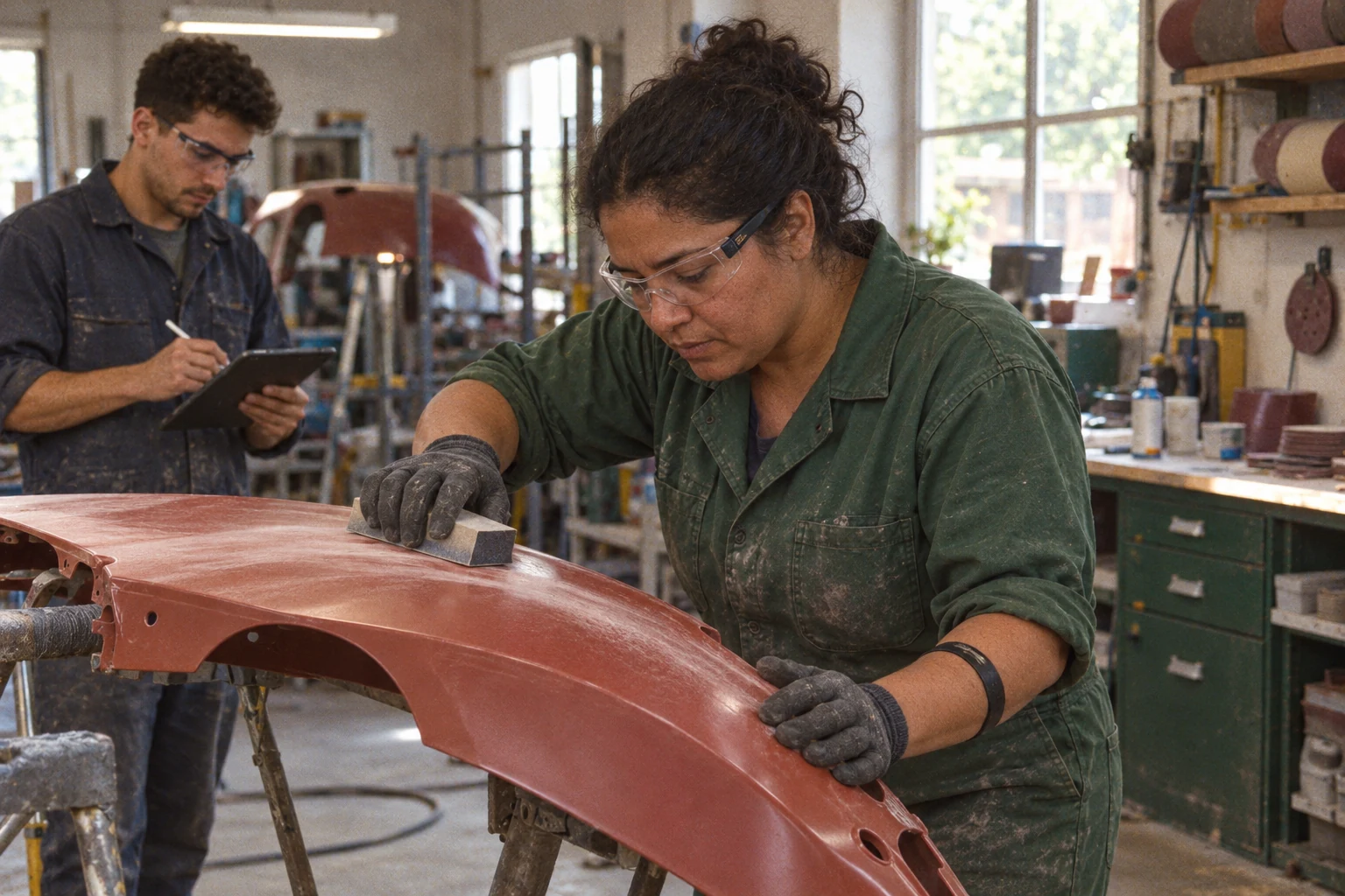 A finishing technician working by hand on a car body panel while a colleague observes the task
