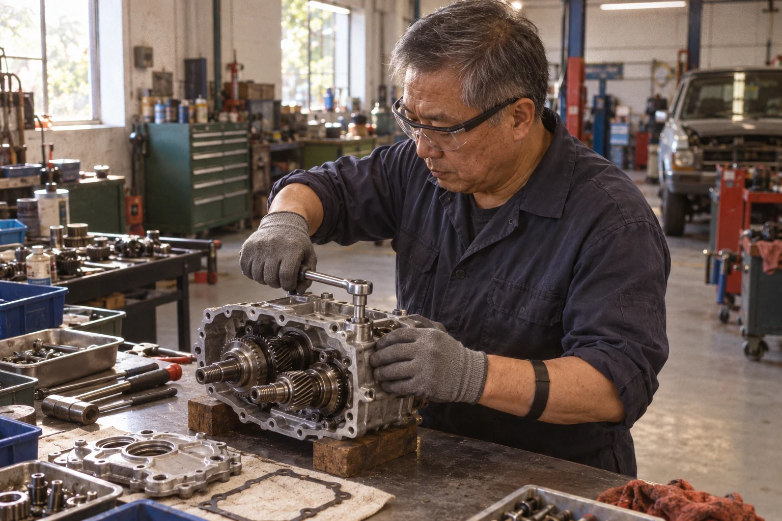 A service technician working on a dismantled engine assembly with parts arranged on the workbench